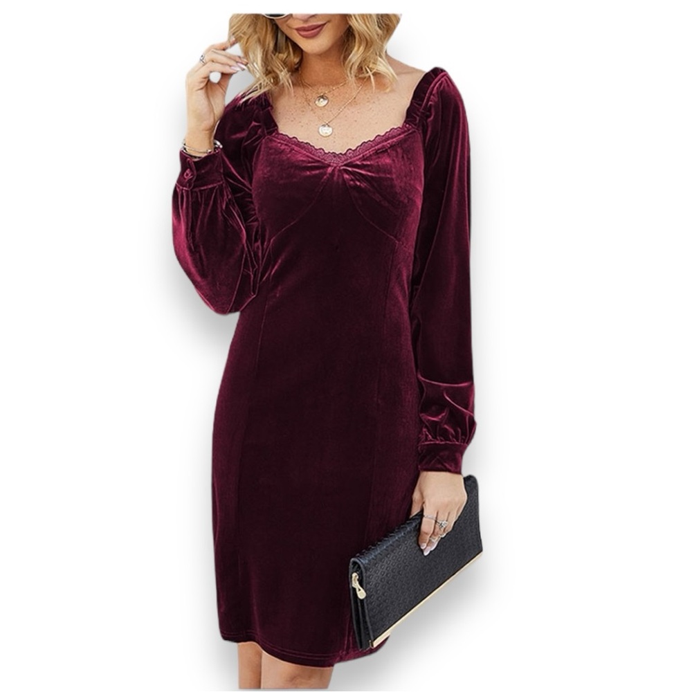 ROMANTIC HUT Women's Burgundy Velvet Long Sleeve Body Con Dress Medium | EUC
